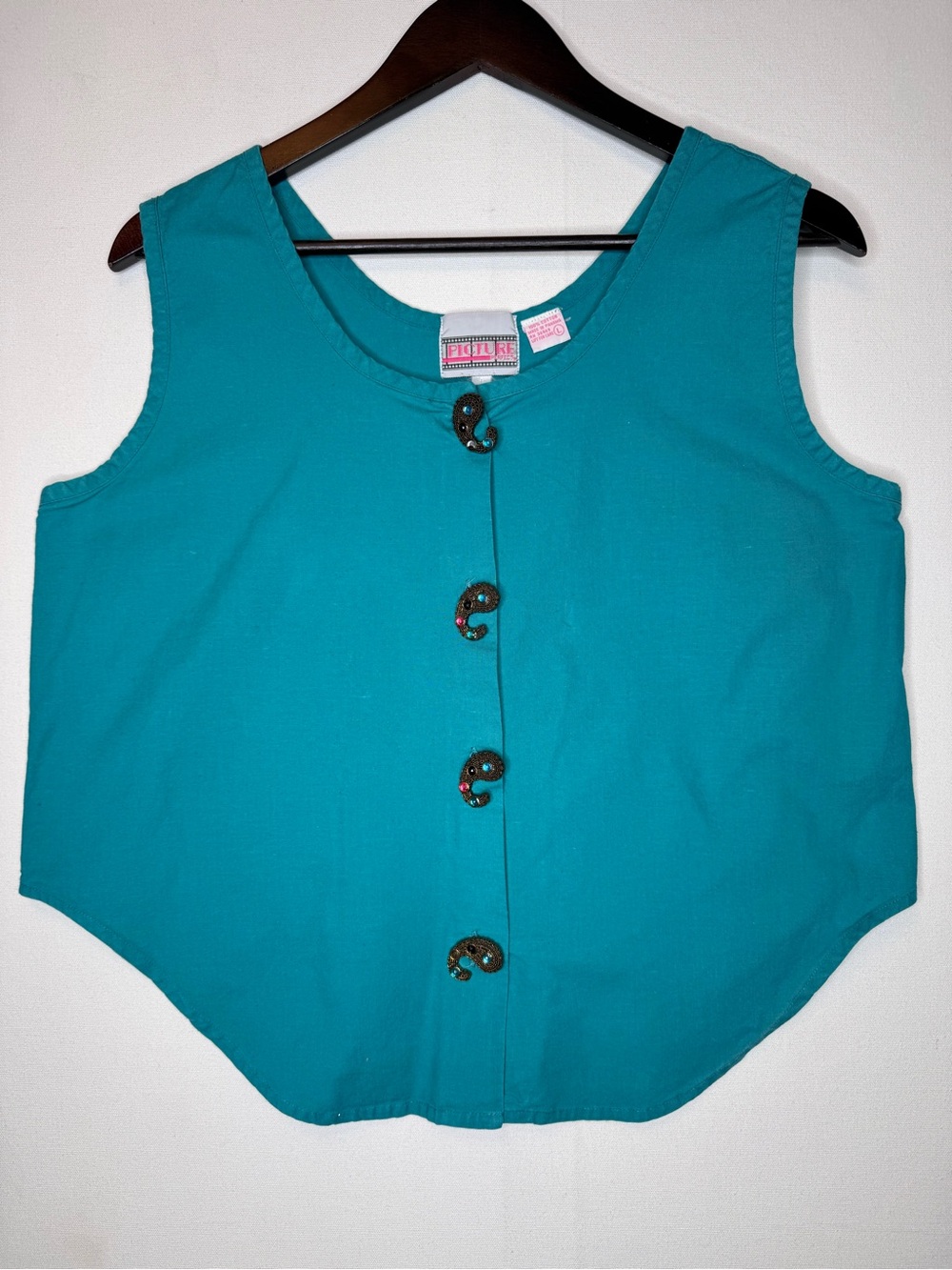 Vintage Picture Perfect vest artist palette jeweled buttons Sz Lg teal 80s *FLAW